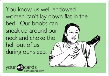 You know us well endowed women can't lay down flat in the bed.  Our boobs can 
sneak up around our
neck and choke the
hell out of us
during our sleep.