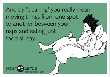 And by "cleaning" you really mean moving things from one spot
to another between your
naps and eating junk
food all day.