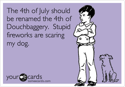 The 4th of July should
be renamed the 4th of
Douchbaggery.  Stupid
fireworks are scaring
my dog.