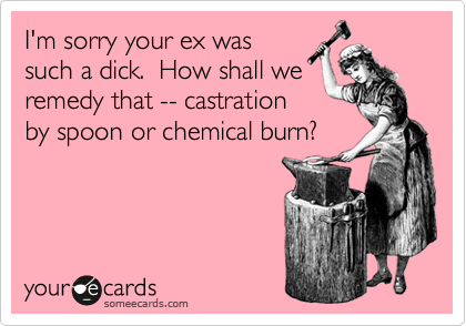 I'm sorry your ex was
such a dick.  How shall we
remedy that -- castration
by spoon or chemical burn?