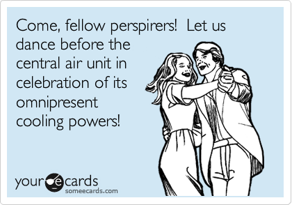 Come, fellow perspirers!  Let us dance before the
central air unit in
celebration of its
omnipresent
cooling powers!