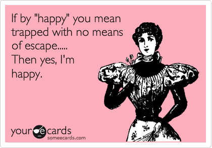 If by "happy" you mean
trapped with no means
of escape.....
Then yes, I'm
happy.