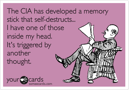 The CIA has developed a memory stick that self-destructs...
I have one of those
inside my head.
It's triggered by
another 
thought.