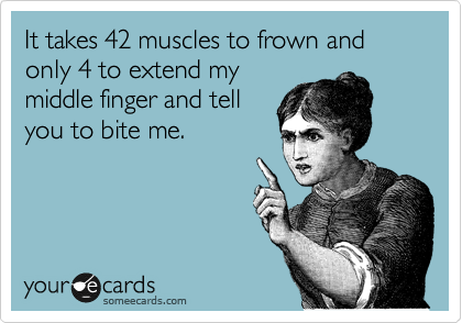 It takes 42 muscles to frown and only 4 to extend my
middle finger and tell
you to bite me.