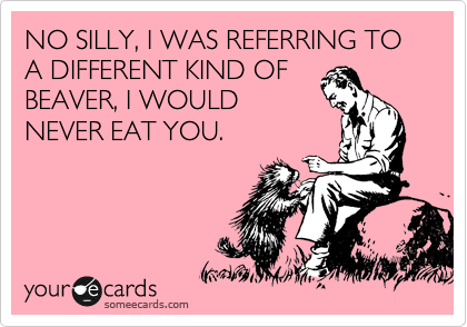 NO SILLY, I WAS REFERRING TO A DIFFERENT KIND OF
BEAVER, I WOULD
NEVER EAT YOU.