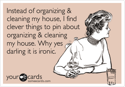 Instead of organizing &
cleaning my house, I find
clever things to pin about
organizing & cleaning
my house. Why yes
darling it is ironic.