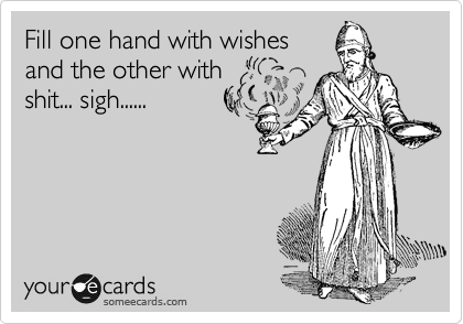 Fill one hand with wishes
and the other with
shit... sigh......