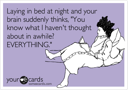 Laying in bed at night and your brain suddenly thinks, "You
know what I haven't thought
about in awhile?
EVERYTHING."