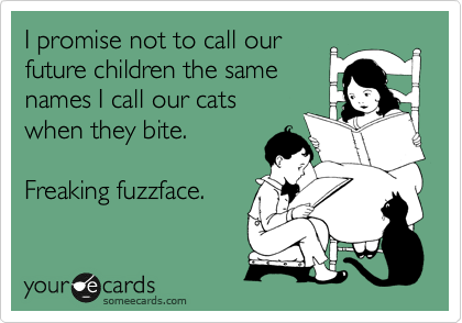 I promise not to call our
future children the same
names I call our cats
when they bite.

Freaking fuzzface. 