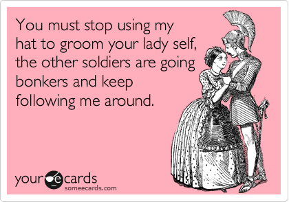 You must stop using my
hat to groom your lady self,
the other soldiers are going
bonkers and keep
following me around.
