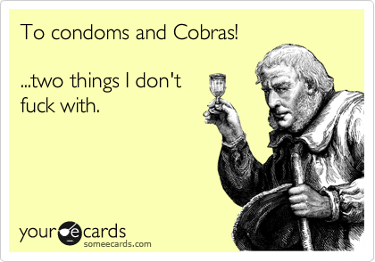 To condoms and Cobras! 

...two things I don't 
fuck with.
