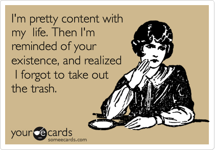 I'm pretty content with
my  life. Then I'm
reminded of your
existence, and realized
 I forgot to take out
the trash.