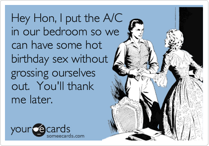 Hey Hon, I put the A/C
in our bedroom so we
can have some hot
birthday sex without
grossing ourselves
out.  You'll thank
me later.