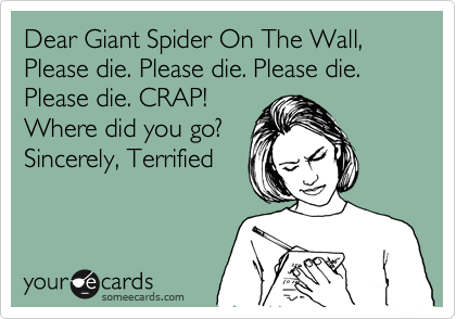Dear Giant Spider On The Wall, Please die. Please die. Please die. Please die. CRAP!
Where did you go?
Sincerely, Terrified 