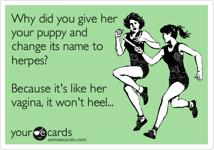 Why did you give her
your puppy and
change its name to
herpes?

Because it's like her
vagina, it won't heel...
