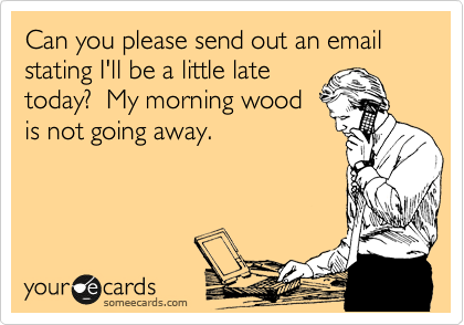 Can you please send out an email stating I'll be a little late
today?  My morning wood
is not going away.
