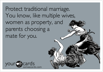 Protect traditional marriage.
You know, like multiple wives,
women as property, and
parents choosing a
mate for you.
