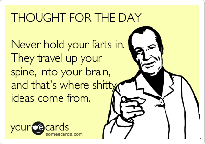 THOUGHT FOR THE DAY

Never hold your farts in.
They travel up your
spine, into your brain,
and that's where shitty
ideas come from.