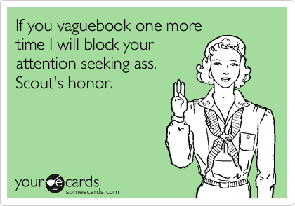 If you vaguebook one more
time I will block your
attention seeking ass.
Scout's honor.