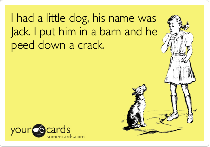 I had a little dog, his name was
Jack. I put him in a barn and he
peed down a crack.
