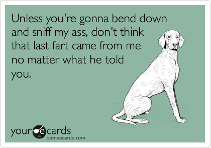 Unless you're gonna bend down and sniff my ass, don't think
that last fart came from me
no matter what he told
you.