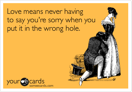 Love means never having
to say you're sorry when you
put it in the wrong hole. 