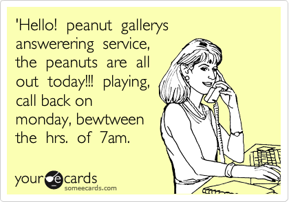 'Hello!  peanut  gallerys  answerering  service,
the  peanuts  are  all
out  today!!!  playing,
call back on 
monday, bewtween
the  hrs.  of  7am. 