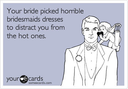 Your bride picked horrible bridesmaids dresses
to distract you from 
the hot ones.