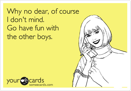 Why no dear, of course 
I don't mind. 
Go have fun with 
the other boys.