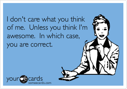 
I don't care what you think
of me.  Unless you think I'm
awesome.  In which case,
you are correct. 