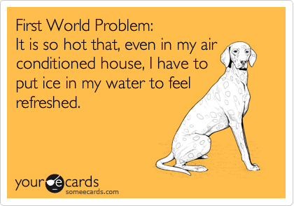 First World Problem:
It is so hot that, even in my air conditioned house, I have to
put ice in my water to feel
refreshed.