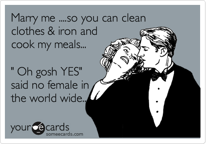 Marry me ....so you can clean clothes & iron and
cook my meals...

" Oh gosh YES"
said no female in
the world wide..