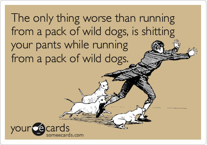 The only thing worse than running from a pack of wild dogs, is shitting your pants while running
from a pack of wild dogs.