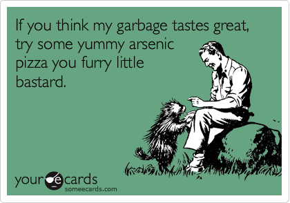 If you think my garbage tastes great, try some yummy arsenicpizza you furry littlebastard.