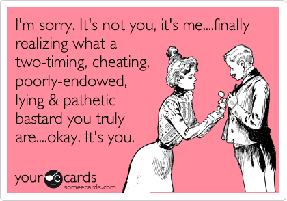 I'm sorry. It's not you, it's me....finally realizing what a
two-timing, cheating,
poorly-endowed, 
lying & pathetic
bastard you truly
are....okay. It's you.
