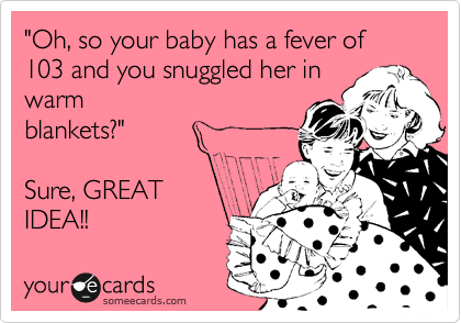 "Oh, so your baby has a fever of 103 and you snuggled her in
warm
blankets?"

Sure, GREAT
IDEA!!   