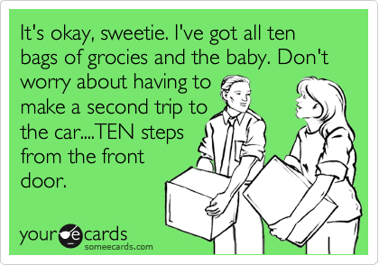 It's okay, sweetie. I've got all ten bags of grocies and the baby. Don't worry about having to
make a second trip to
the car....TEN steps
from the front
door.