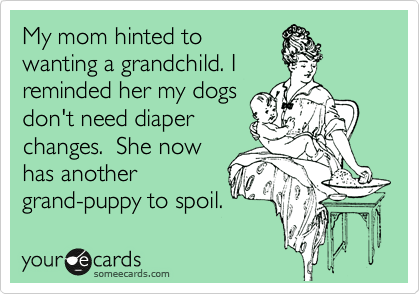 My mom hinted to
wanting a grandchild. I
reminded her my dogs
don't need diaper
changes.  She now
has another
grand-puppy to spoil.