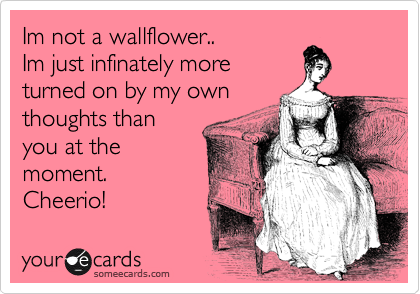 Im not a wallflower..
Im just infinately more 
turned on by my own
thoughts than
you at the
moment.
Cheerio!
