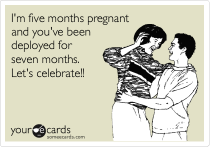 I'm five months pregnant
and you've been
deployed for
seven months.
Let's celebrate!!