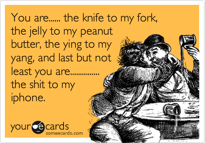 You are...... the knife to my fork,
the jelly to my peanut
butter, the ying to my
yang, and last but not
least you are...............
the shit to my
iphone.
