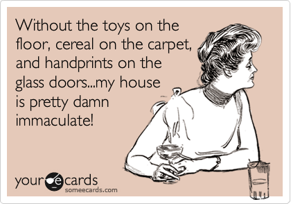 Without the toys on the
floor, cereal on the carpet,
and handprints on the
glass doors...my house
is pretty damn
immaculate!