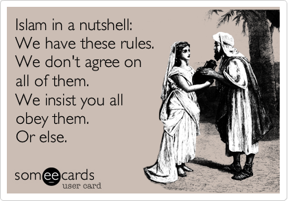 Islam in a nutshell:
We have these rules.
We don't agree on
all of them.
We insist you all
obey them.
Or else.