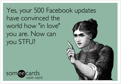 Yes, your 500 Facebook updates have convinced the
world how "in love"
you are. Now can
you STFU?