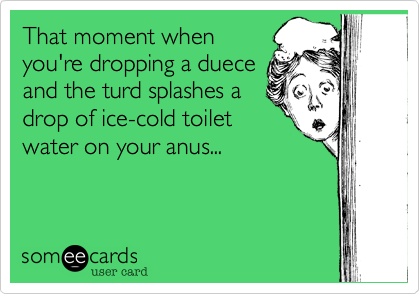 That moment when
you're dropping a duece
and the turd splashes a
drop of ice-cold toilet
water on your anus...