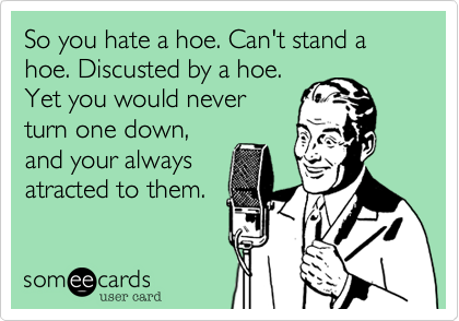 So you hate a hoe. Can't stand a  hoe. Discusted by a hoe.
Yet you would never
turn one down,
and your always 
atracted to them.
