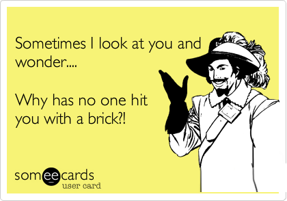 
Sometimes I look at you and
wonder....

Why has no one hit
you with a brick?!