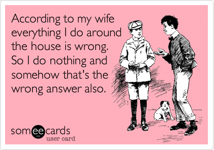 According to my wife
everything I do around
the house is wrong.
So I do nothing and
somehow that's the
wrong answer also.
