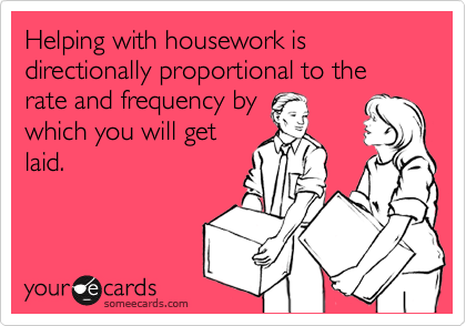 Helping with housework is directionally proportional to the rate and frequency by
which you will get
laid.