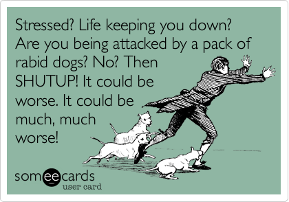 Stressed? Life keeping you down? Are you being attacked by a pack of rabid dogs? No? Then
SHUTUP! It could be
worse. It could be
much, much
worse!